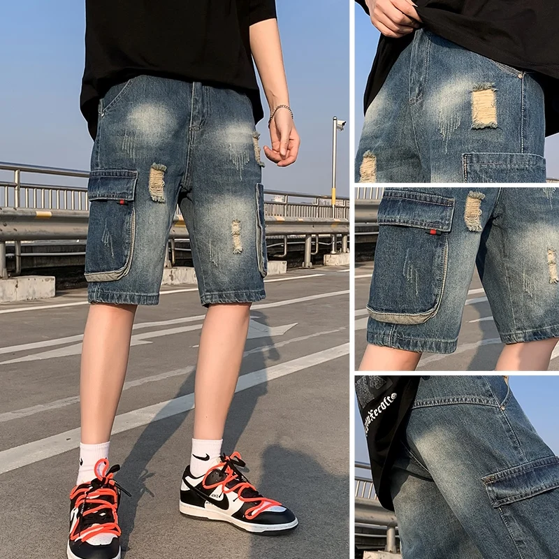 

2022 New Korean Style Jeans Drawstring Two Styles Hole Half Fashion Men's Pants Length Outdoor Daily Man's Trousers