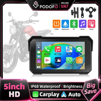 Podofo Reproductor Inteligente para Motocicleta con Pantalla Táctil IPS de 5 Pulgadas, GPS Portátil Impermeable IP68, Carplay Inalámbrico, Android Auto, Bluetooth, Dispositivo de Audio para Motocicleta 1