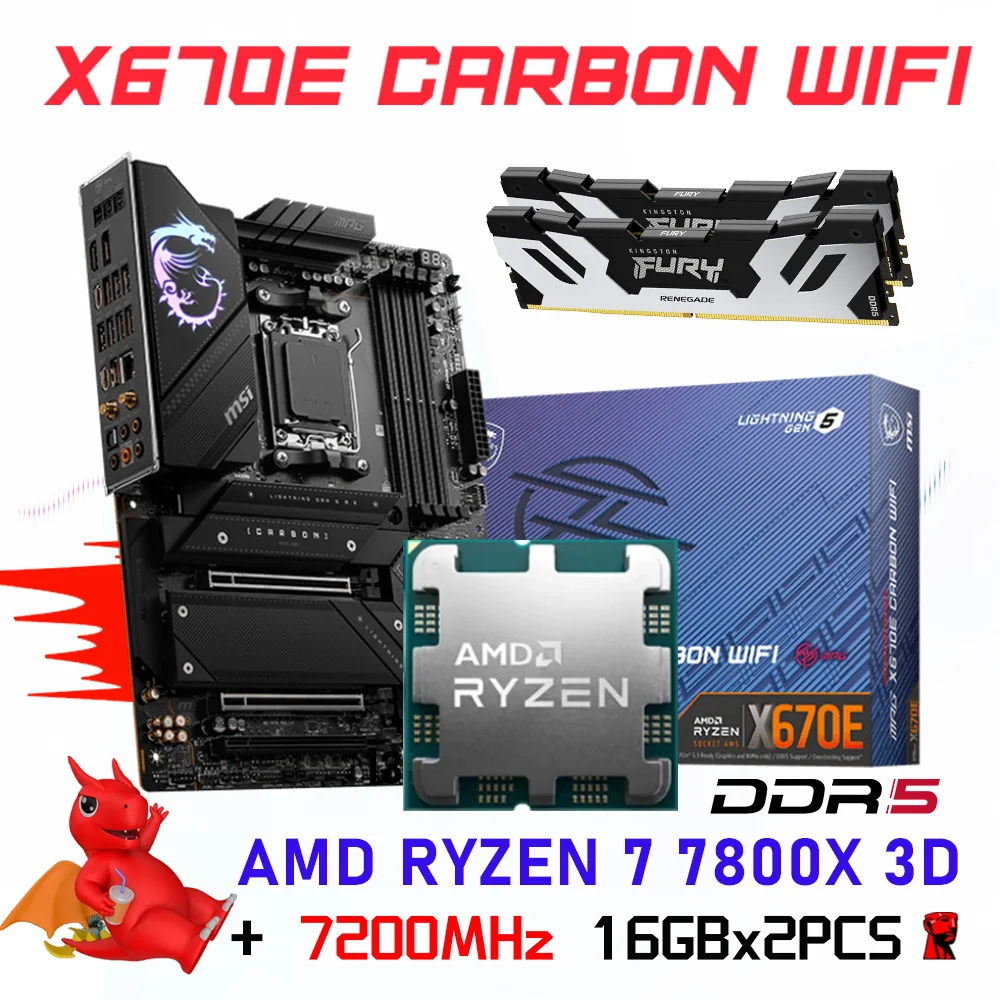 AMD Ryzen 7 7800X 3D CPU Combo+AMD X670 MSI MPG X670E CARBON WIFI DDR5  Mainboard+Kingston Renegade RAM DDR5 7200MHz 32GB Kit NEW