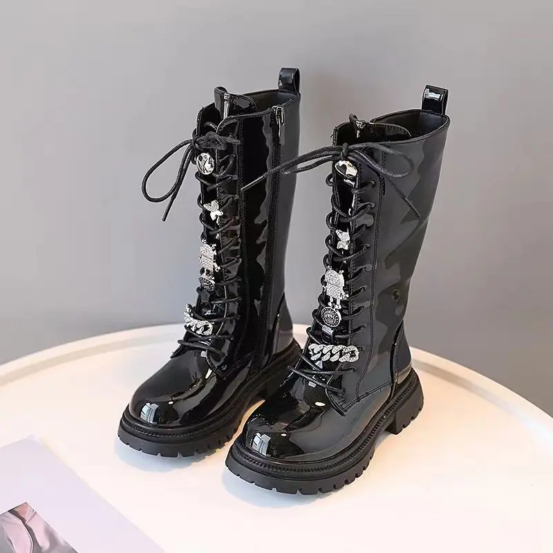 Girls' High Boot New Princess Rhinestone Side Zipper Long Boot 2023 Autumn/Winter Children's Black Versatile Fashion Boot