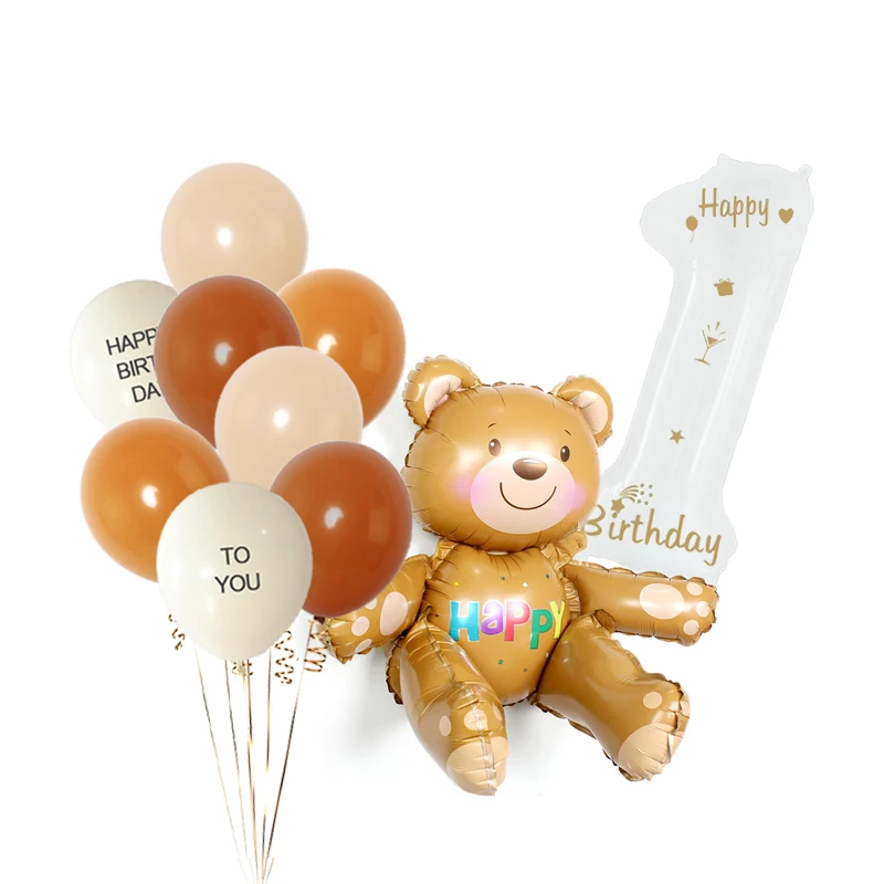 

12pcs/set Brown Assembly Bear Foil Balloons with 32inch white Number Helium latex Ballon Baby Shower Birthday Party Decorations
