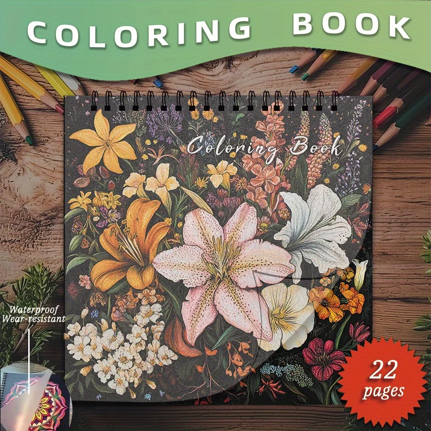 ספר צביעת פרחים למבוגרים - 8.27" x 8.27", 22 עמודים. עיצובים פרחוניים, מקל על מתח, מתנה לאוהבי הפרחים.