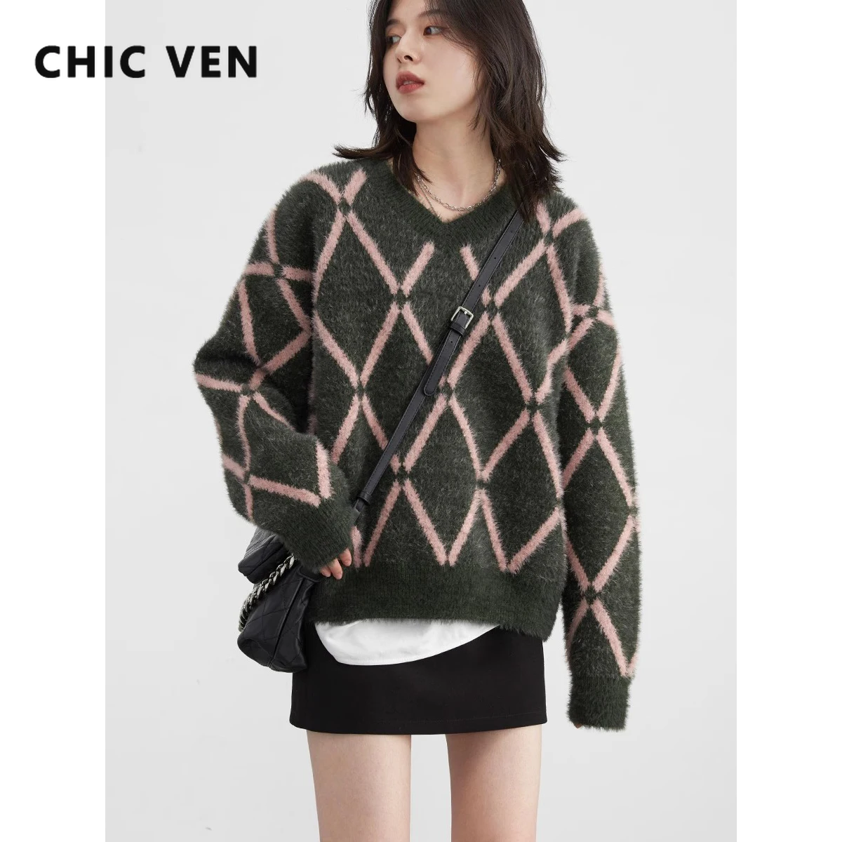 

CHIC VEN Women's Sweaters New Diamond Loose Plaid V-Neck Pullover Casual Female Jumpers Knitted Winter Autumn 2023