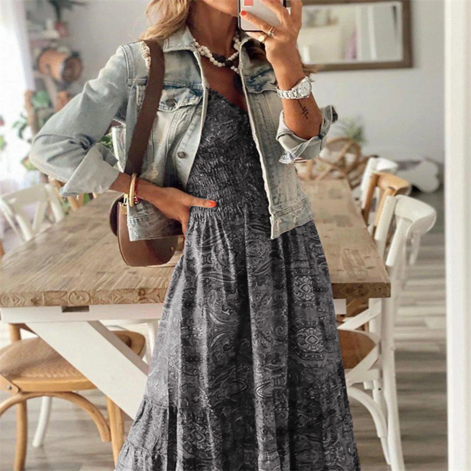 Elamini Summer Vintage Green Casual Women V-Neck Halter Boho Waist Cinched Sheer  | ChicGrl main image 0