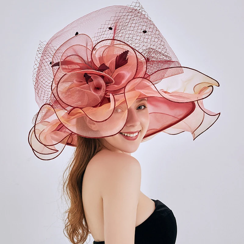 

New Summer Ladies Fascinator Hats For Women Elegant Flower Organza Tea Party Hat Church Kentucky Derby Wide Brim Fedoras Sun Hat