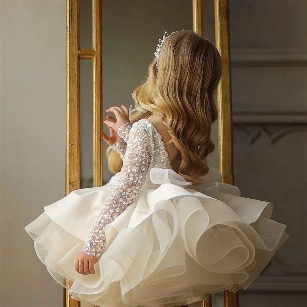 

Flower Girl Dresses Kids Birthday Outfits Children Formal Cocktail Communion Gown Little Girls Sparkly Sequin Long Sleeve