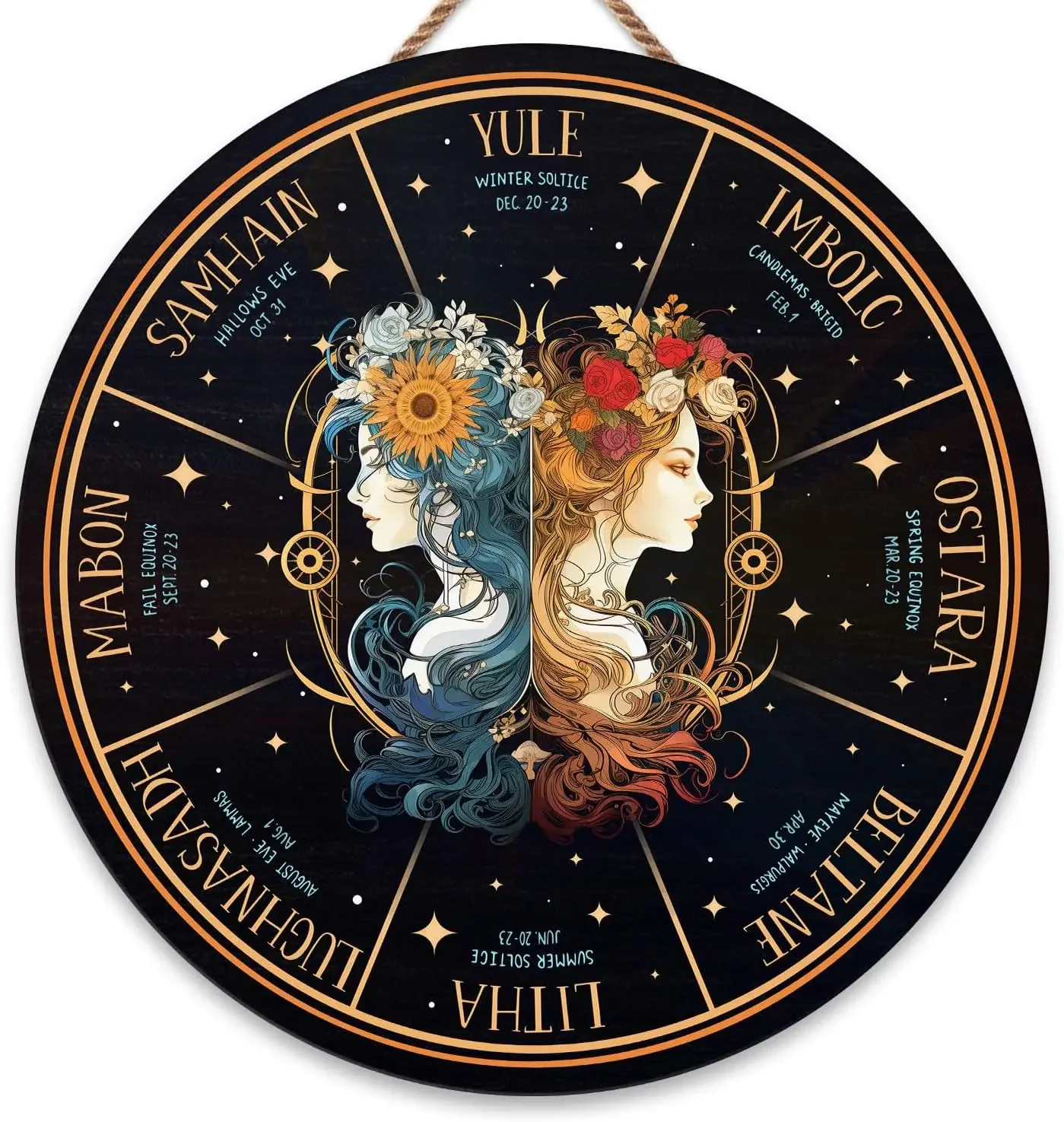 Targa Murale Ruota Dell'Anno – Finitura Legno, Simboli Pagani E Sabbaths, 14cm X 14cm