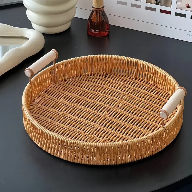 1/3 Piece Hand Woven Imitation Rattan Round Storage Tray Wooden Vintage Imitation Rattan Fruit Basket Snack Tray Storage Tray 5