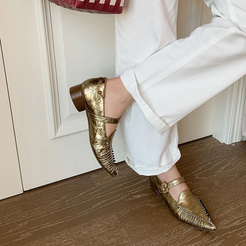 NEW Spring/Autumn Women Pumps Genuine Leather Shoes for Women Pointed Toe Chunky Heel Shoes Buckle Strap Handmade Pleated Shoes 4