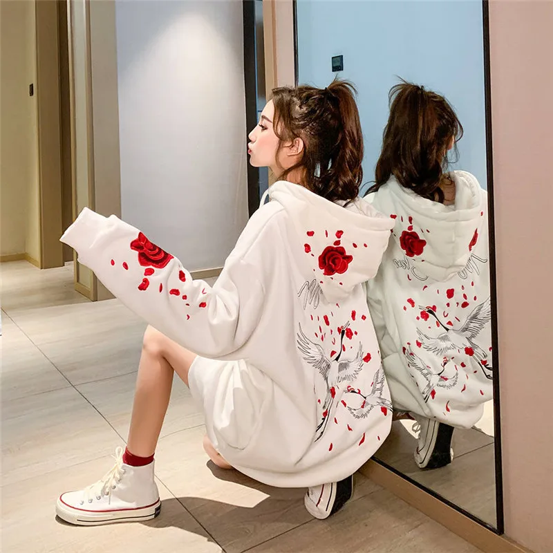 Female Loose Sweatshirts Streetwear Winter Casual Tops Hooded Pullover Women Autumn Long Sleeve Rose Bird Print Harajuku Hoodies