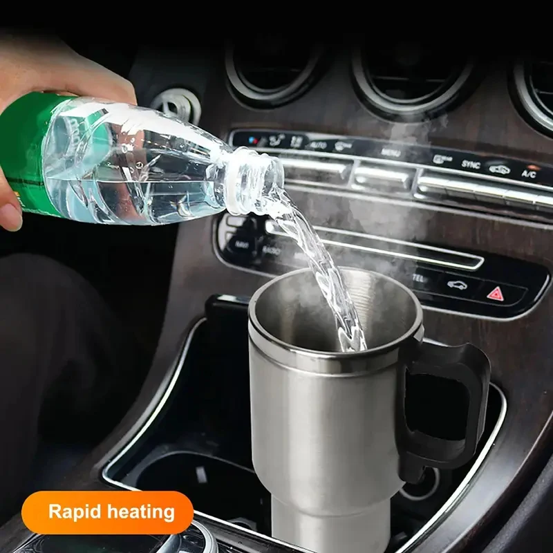 자동차 전기 난방 컵 12V 스테인레스 스틸 보온병 450ml USB 가열 머그잔 야외 여행 캠핑 커피 차 따뜻한 액세서리