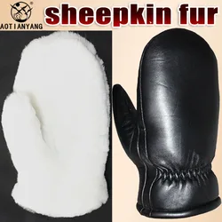 Mittens Men's Leather Gloves Sheepskin Real Wool Woman's Winter Outdoor Thicken Cold Warm Fur Integrated Windproof 2023 New