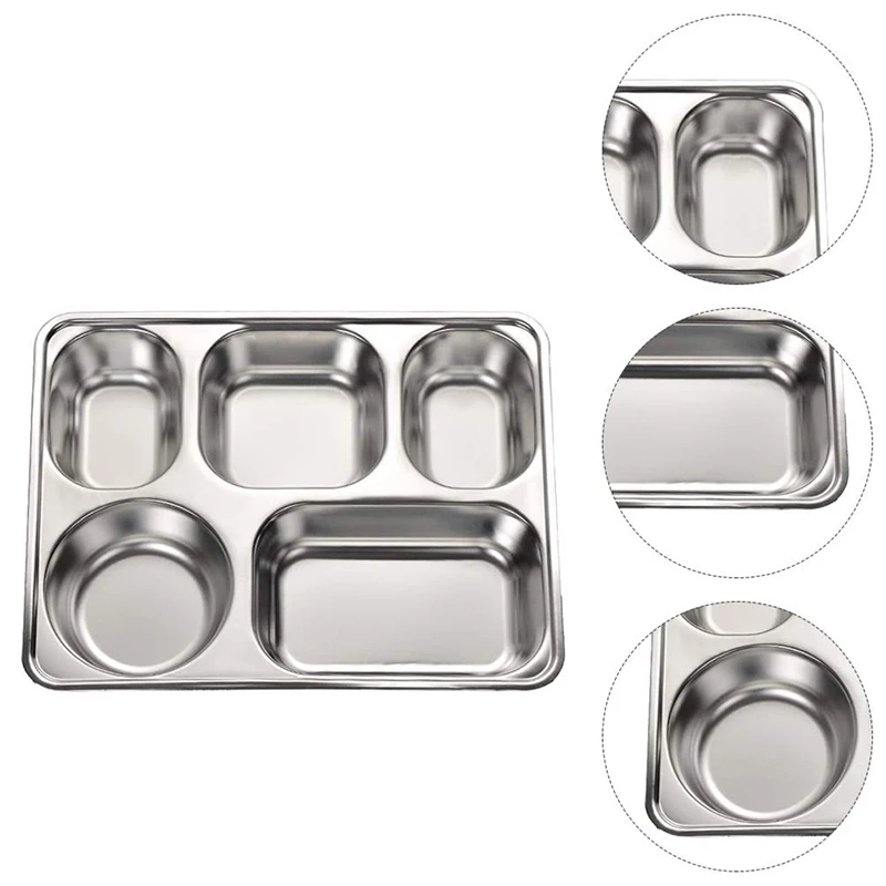 Stainless Steel Partitioned Dinner Plate Lunch And Dinner Tray 5 Compartments 1 Piece stainless steel plates