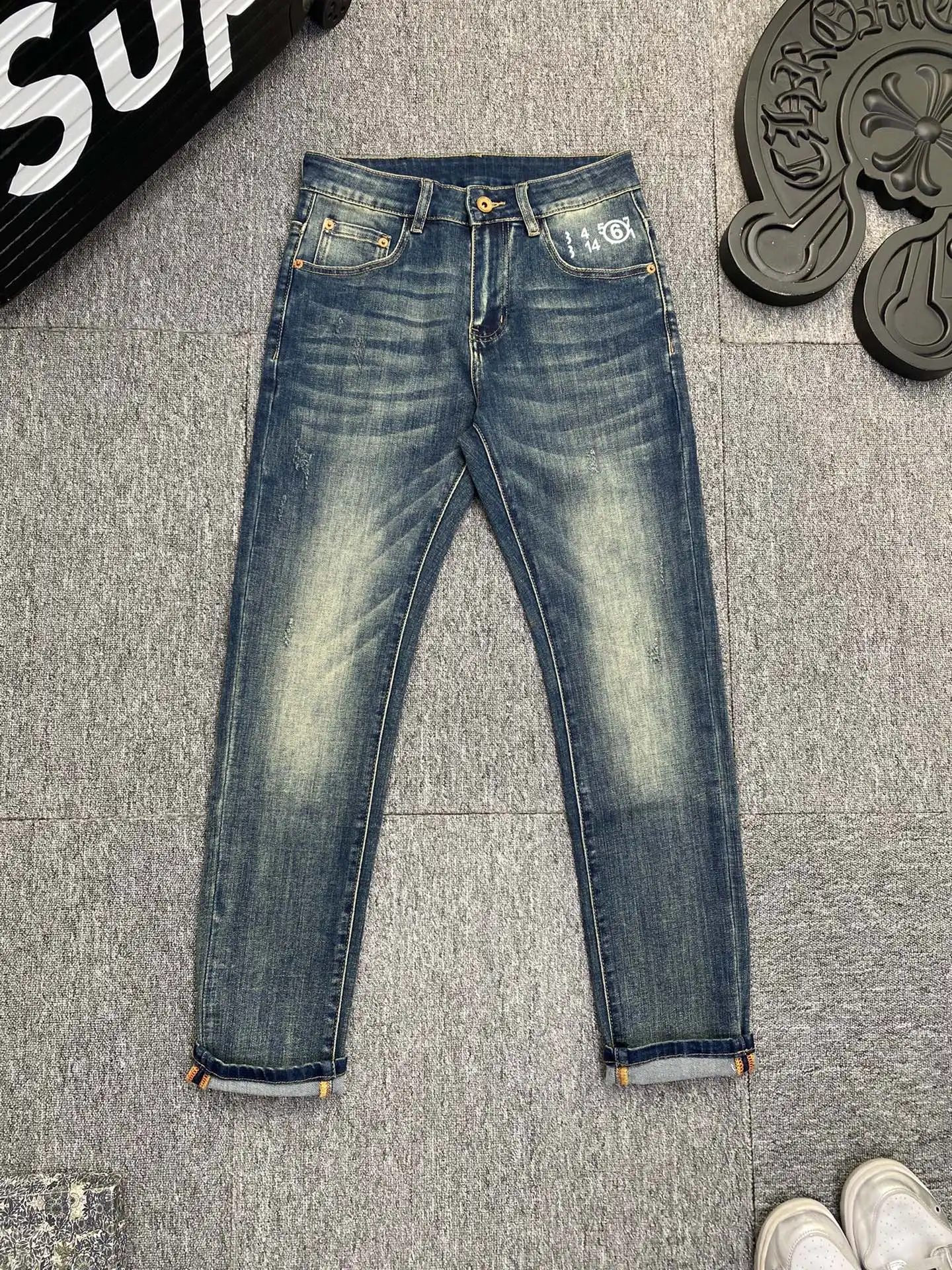 

MMsix Men's Jeans Pocket Number Design Spring Summer Black Blue Cargo Jeans Men Trousers Slim Fit Pencil Denim Pants