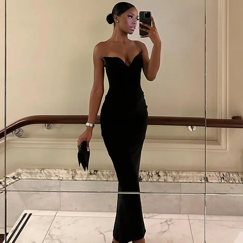 Sexy Black Strapless Corset Dresses for Women, Elegant V Neck, Backless  Bodycon, Long Maxi Dress, Evening Party - AliExpress