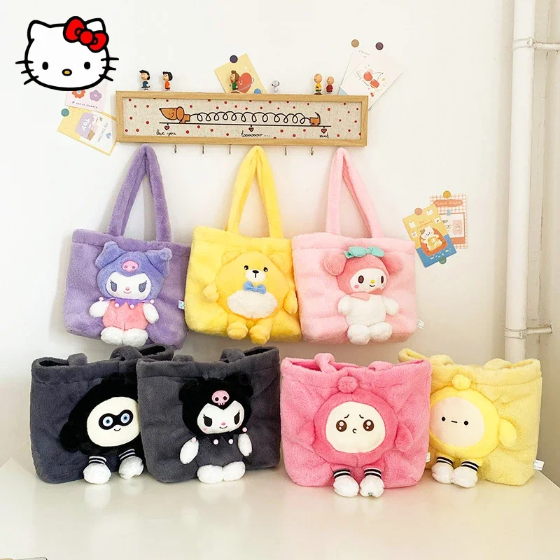 

New Kawaii Sanrio Kuromi MyMelody Handbag Cute Cartoon Girl Large Capacity Plush 3D Doll Backpack Children's Cartoon Storage Bag