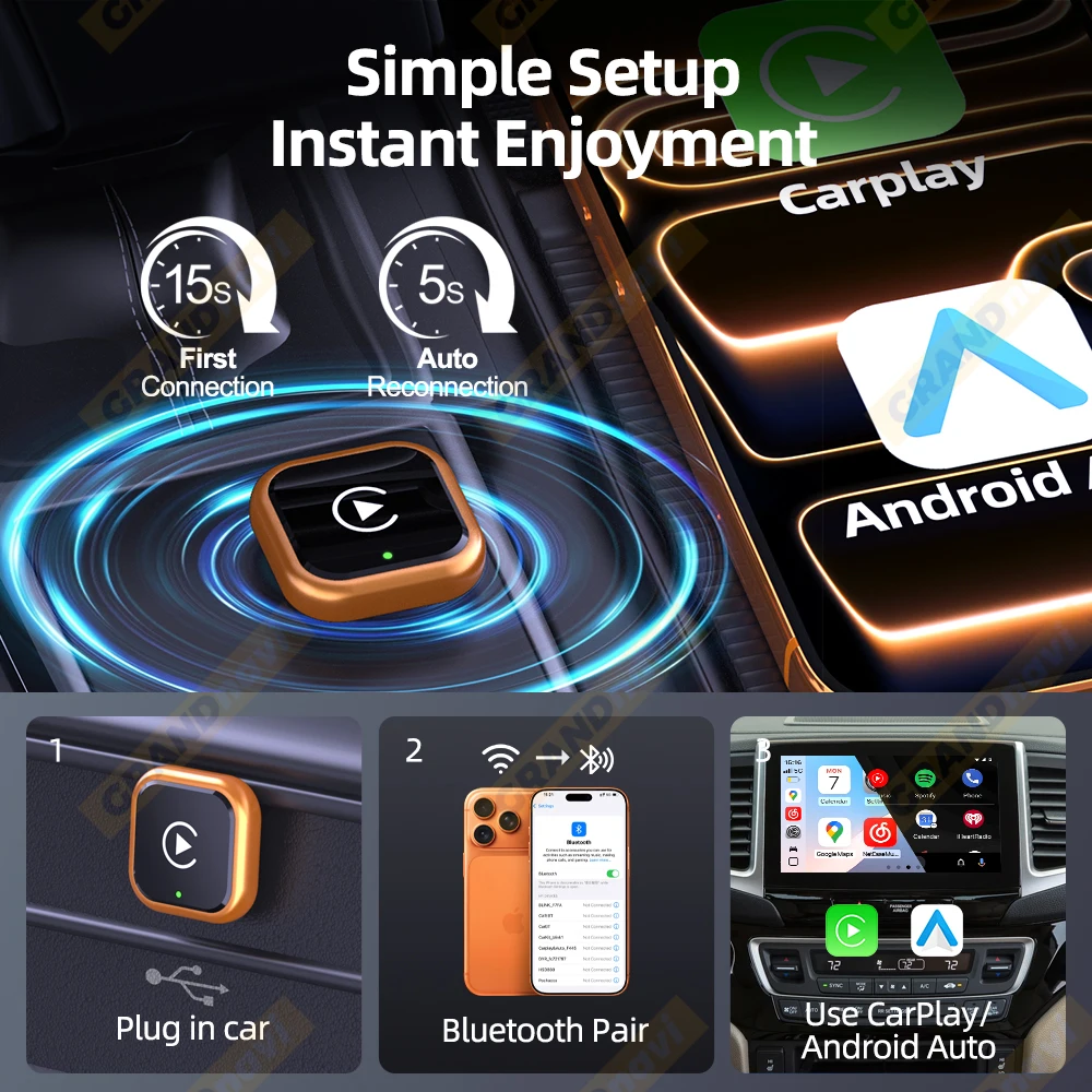 Orange 2-in-1 Wireless CarPlay and Android Auto Smart Dongle Adapter