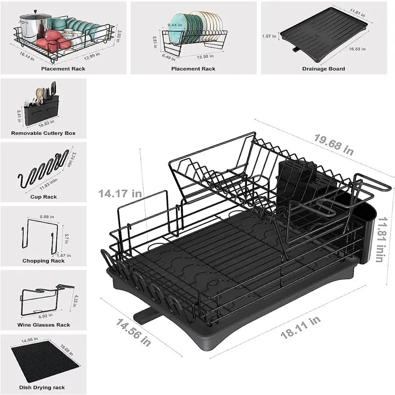 Large 2-Tier Dish Rack with Wine Glass Holder, Utensil Holder and Drying Mat,  Perfect for