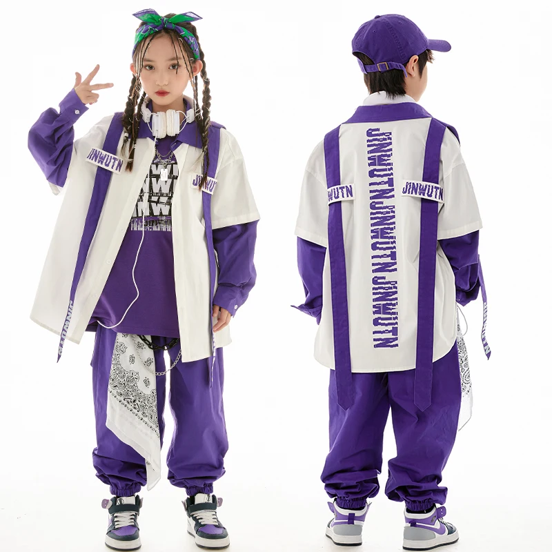 Jazz Dance Clothes Girls Hip Hop Costume Loose Coat Purple Pants Boys Breaking Street Dance Outfit Long Sleeves Suit L11600