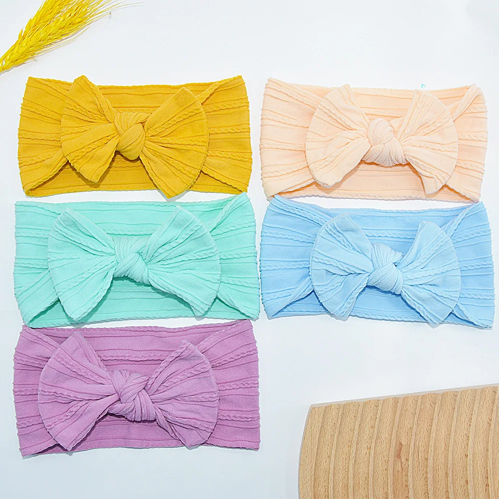 

Однотонная яркая Детская повязка на голову с бантом для девочек, новые детские Эластичные аксессуары для волос, нейлоновая жаккардовая повязка для волос для детей, оптовая продажа