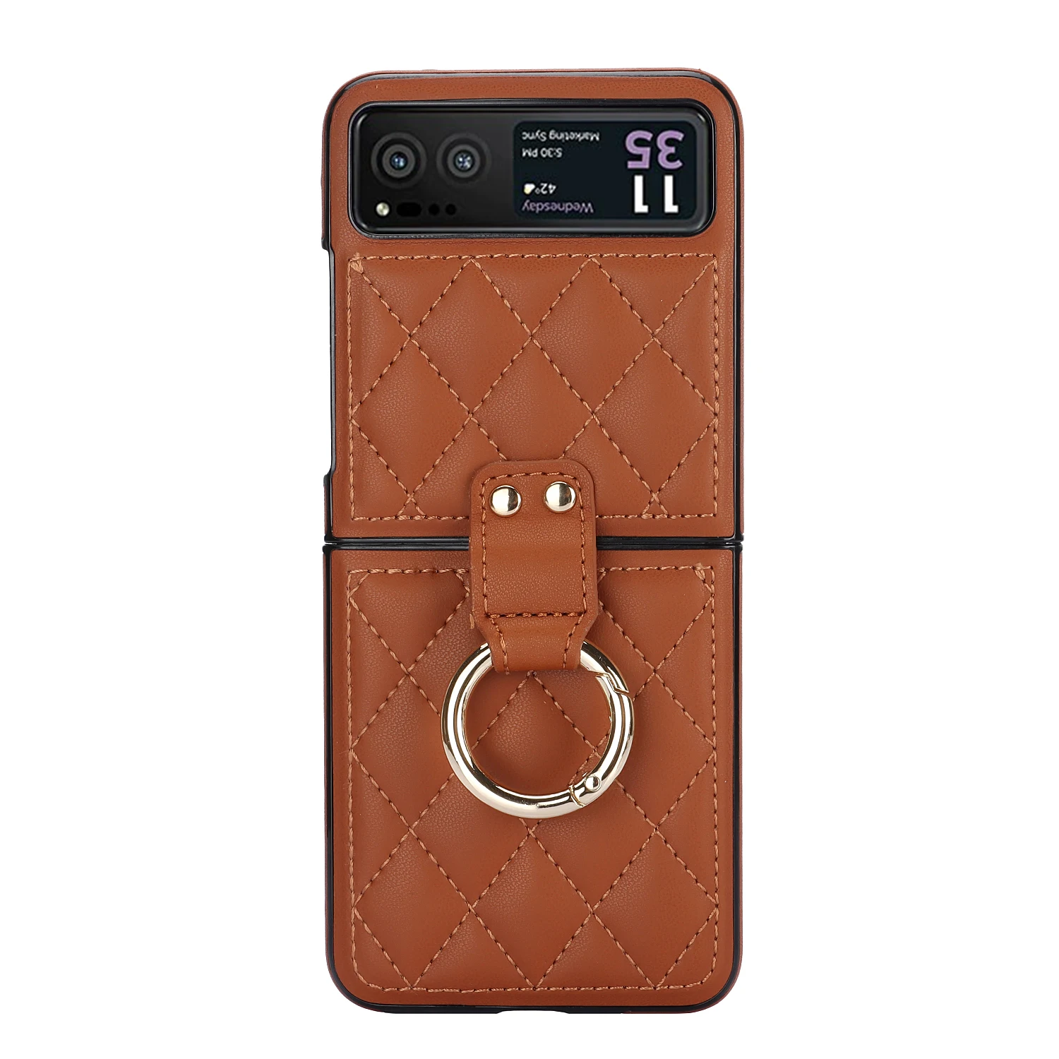 Luxury Fashionable Quilted PU Leather Phone Case with Metal Ring - Fall Prevention Design