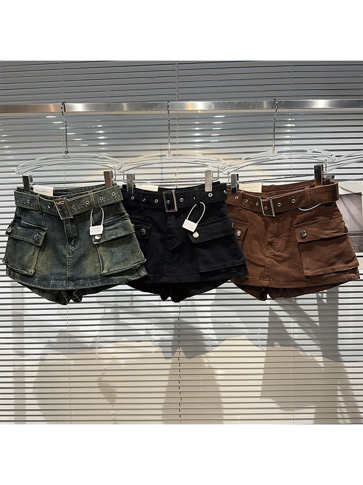 Women's Black Denim Cargo Shorts Fashion High Waist Ladies