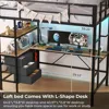 Twin Metal Loft Bed L-Shaped Desk,LED Lights,Charging Station LED Loft Bed Frame Twin Size 3 Storage Shelves 3 Fabric Drawers 4