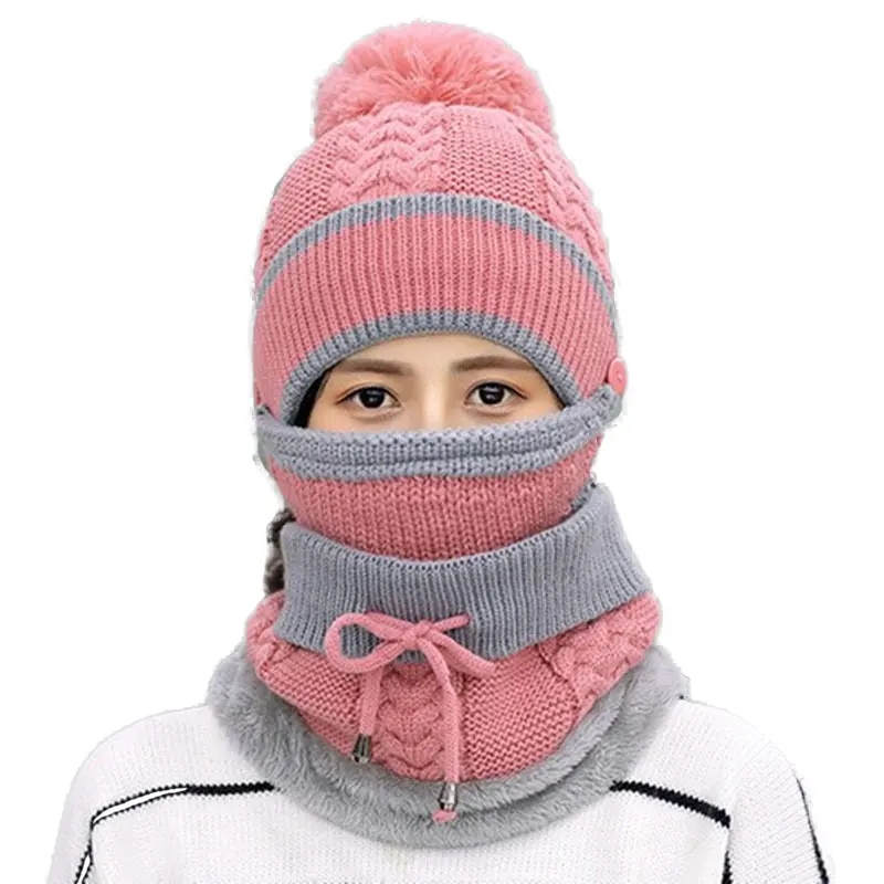 

Sparsil Woman Winter Wool Knitted Scarf&Hat Set Female Velvet Thick Warm Bib Anti-fog Mask Beanie Outdoor Windproof Riding Cap