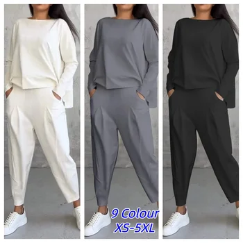 Tracksuits Women's Trousers Suit O-neck Long Sleeve Loose T-shirt Solid Color Trousers Pocket Simple 2-piece Set Loungewear 1