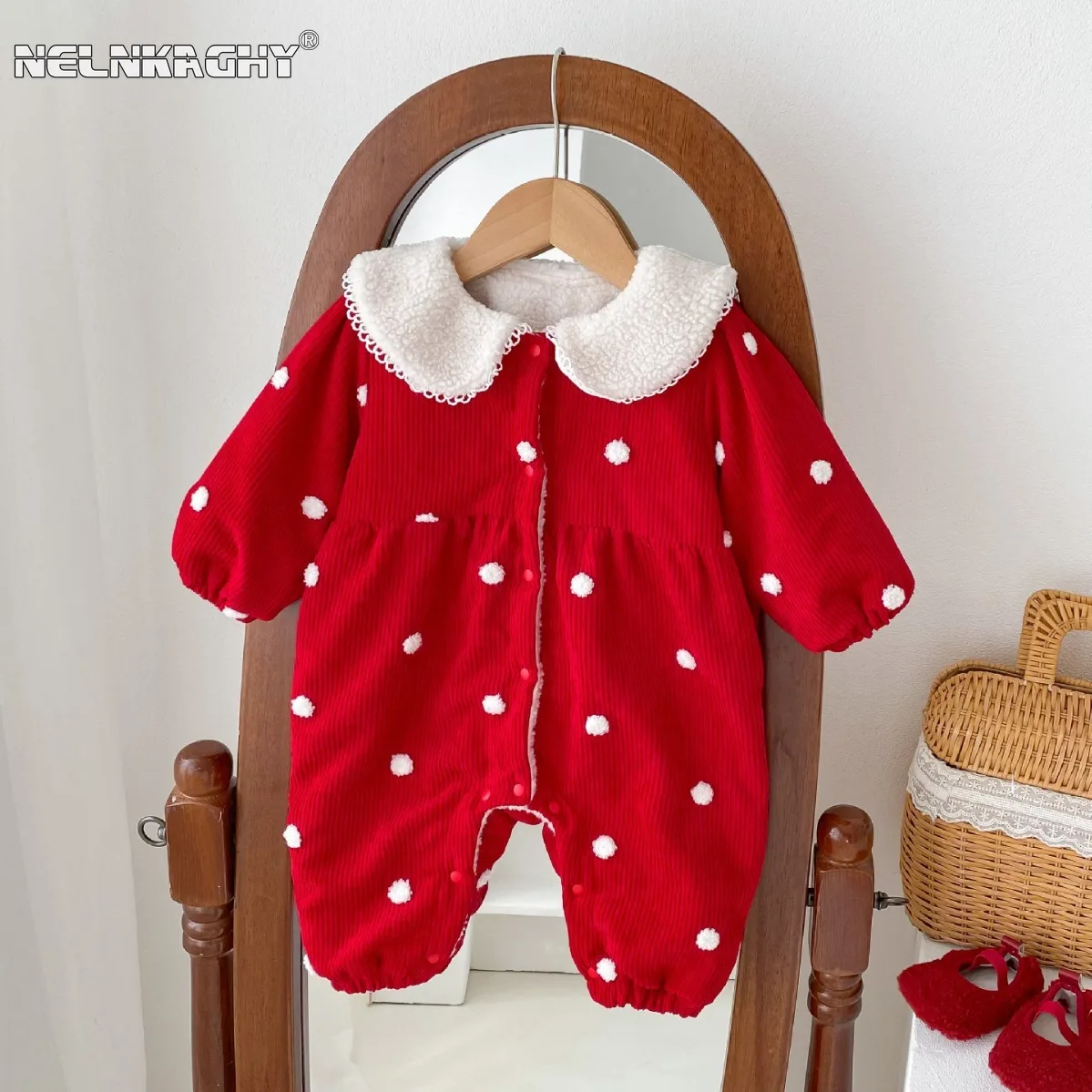 

2023 Winter New in Infant Baby Girls Cute Dot Romper - Newborn Toddler Peter Pan Collr Thick Plush Warm Jumpsuits 0-3Y