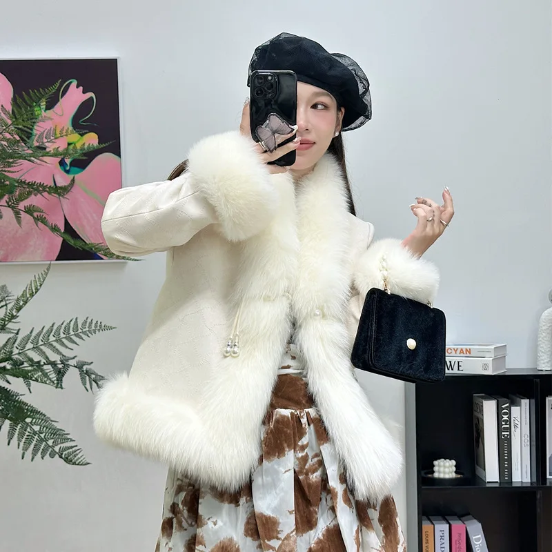 

Women's Fox Hair National Style Fur Short Slim Fit Coat One Piece Suede Goose Down Coat Women2023