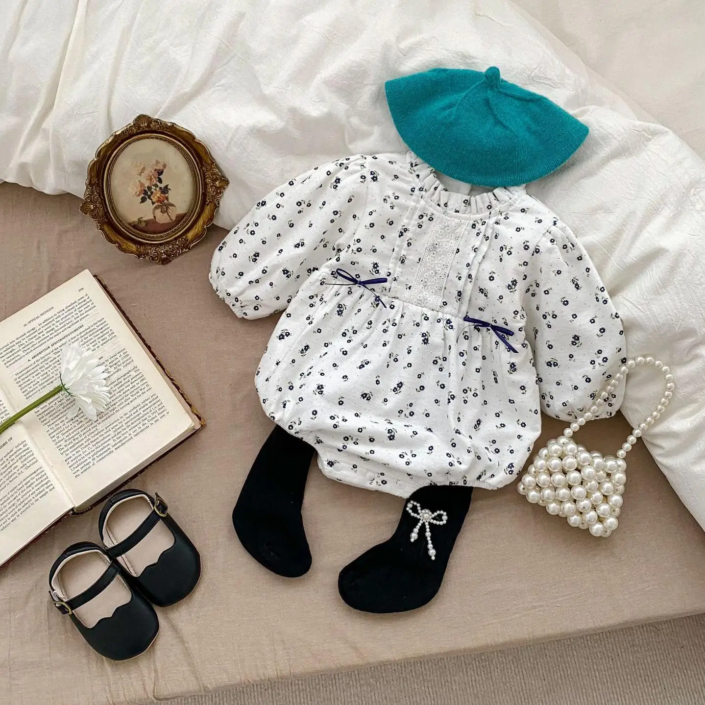 

New Autumn Winter Girl Kid Floral Fleece Bow Thicken Warm Casual Bodysuit Fashion Newborn Baby Cotton Plus Velvet Fashion Onesie