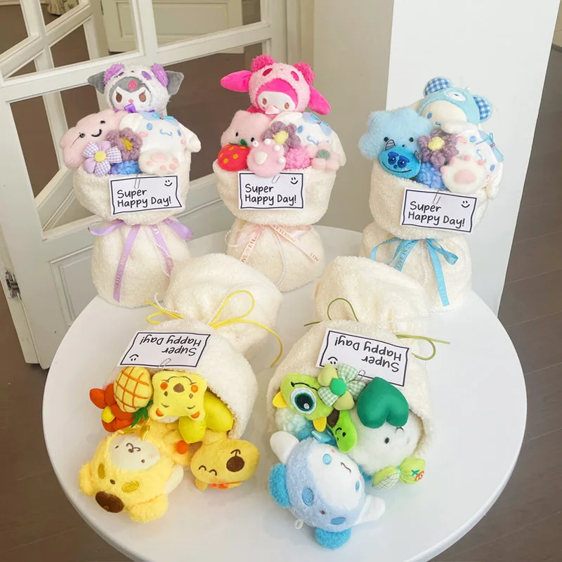 

Cute Sanrio Cinnamoroll Kuromi Anime Doll Flower Soft Plush Bouquet Doll girlfriend Birthday Christmas Gifts Children Gift Box