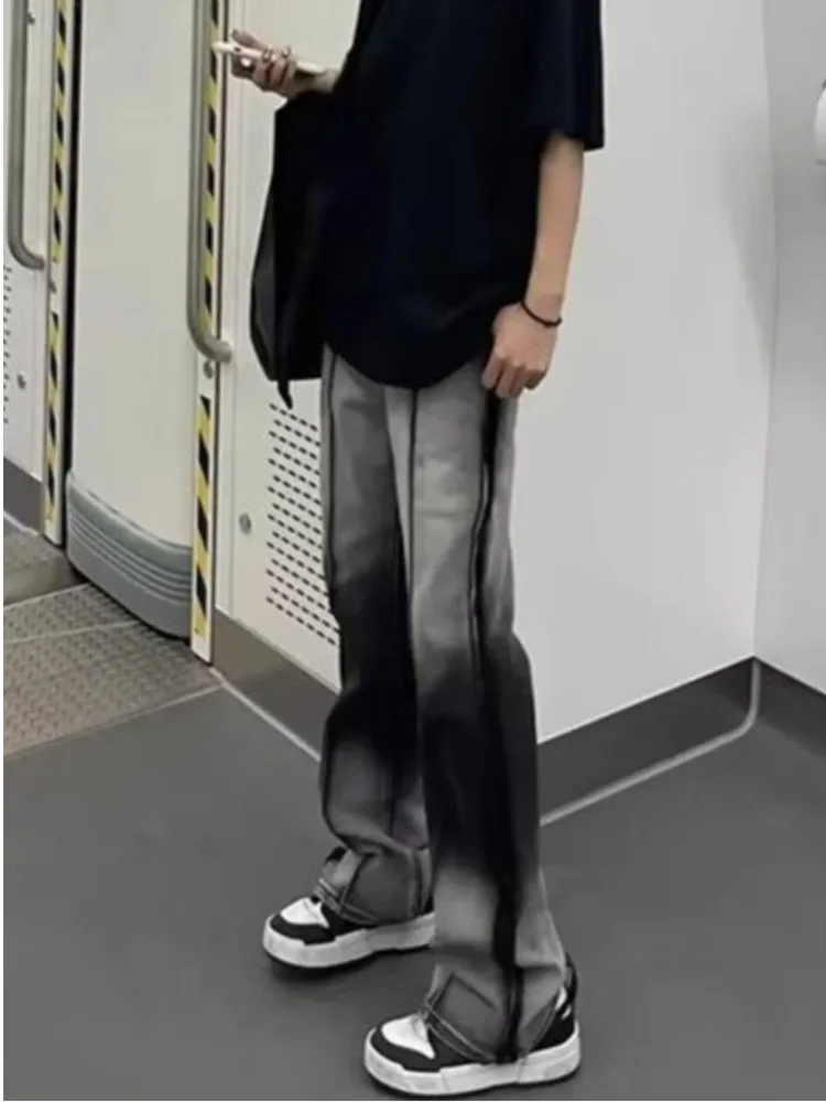 Spliced Jeans With Old Zippers, High Street Insets, Trendy Gradient Straight Tube Loose Wide Leg Pants, Children's Jeans