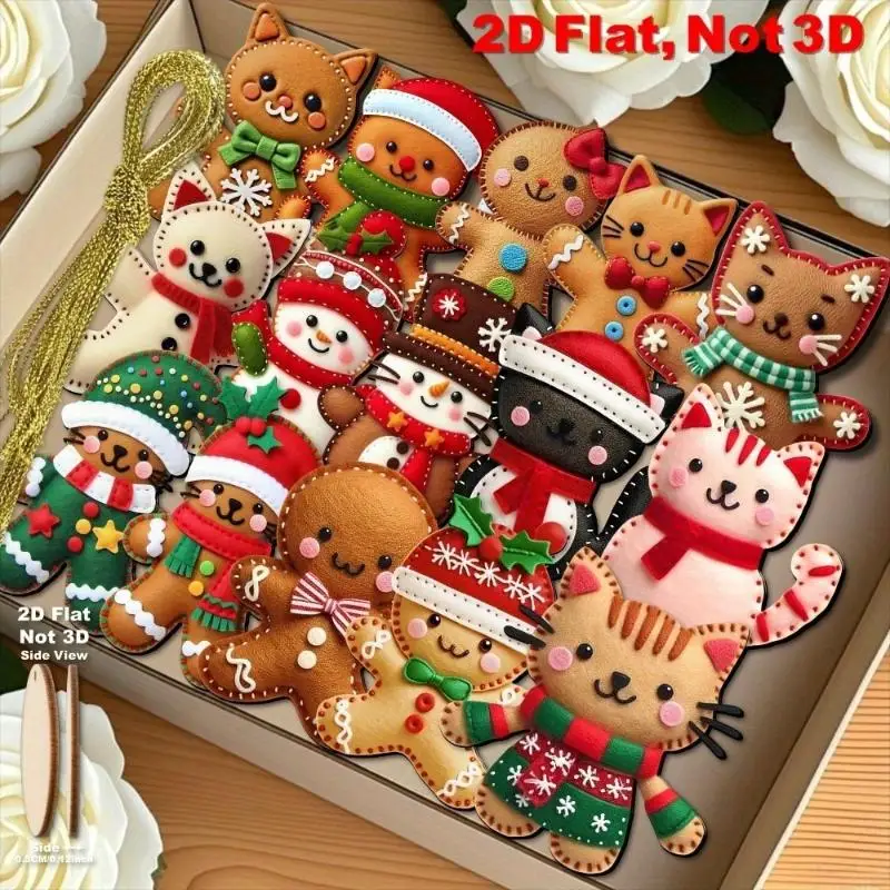 8/16Pcs Cute Cartoon 2D Flat Gingerbread Cat Tree Toppers Decoration Christmas Tree Hanging Decorative Pendants Ornaments
