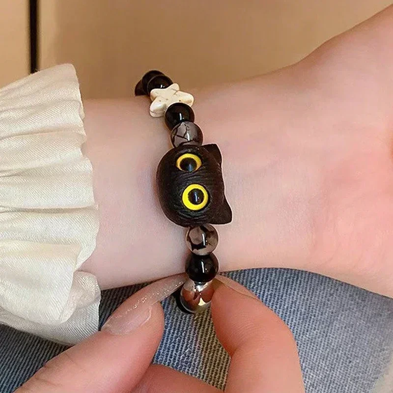 Cute Natural Stone Black Cat Bracelet for Women Men Fashion Cartoon Animal Beaded Bracelets Handmade Fashion Girl Jewelry Gifts bracelet jewelry