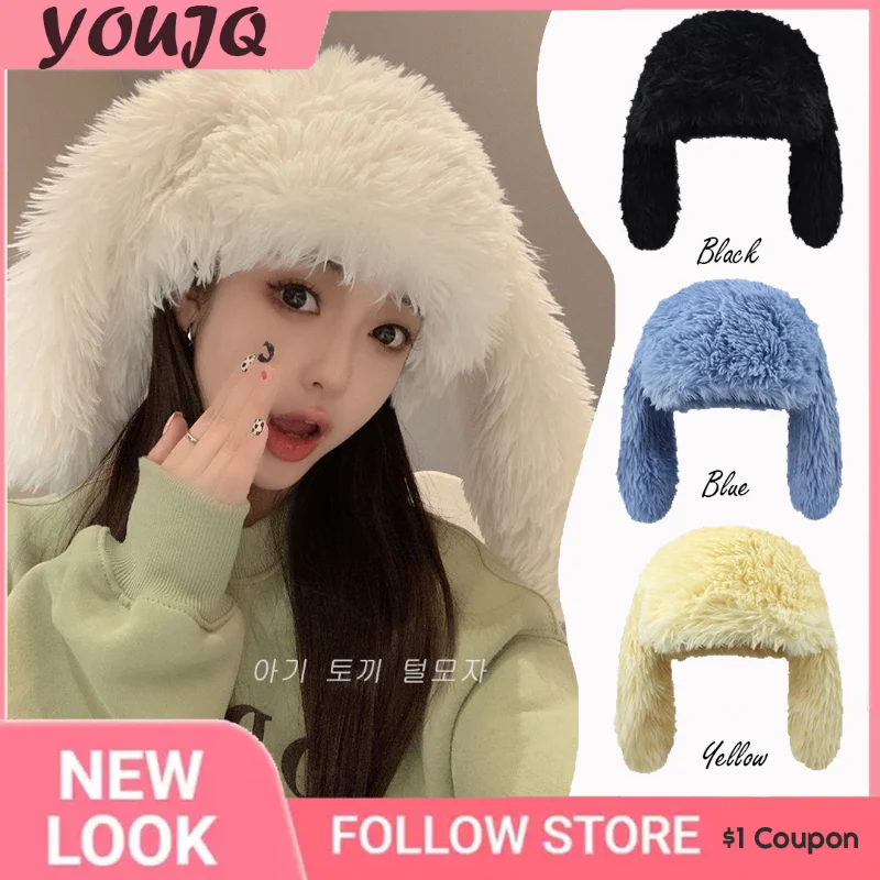 

Y2K Sweet Cute Rabbit Ears Thickened Autumn Winter Warmth Cold Fisherman's Hat Children Personality Beanie Bomber Caps Tide