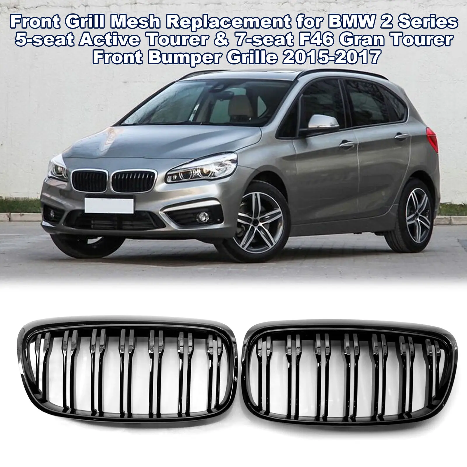 

Pair Double Slat Kidney Grille Front Bumper Grill For BMW 2-Series F45 F46 Pre facelift 2014-2017 Gloss Black Car Accessories