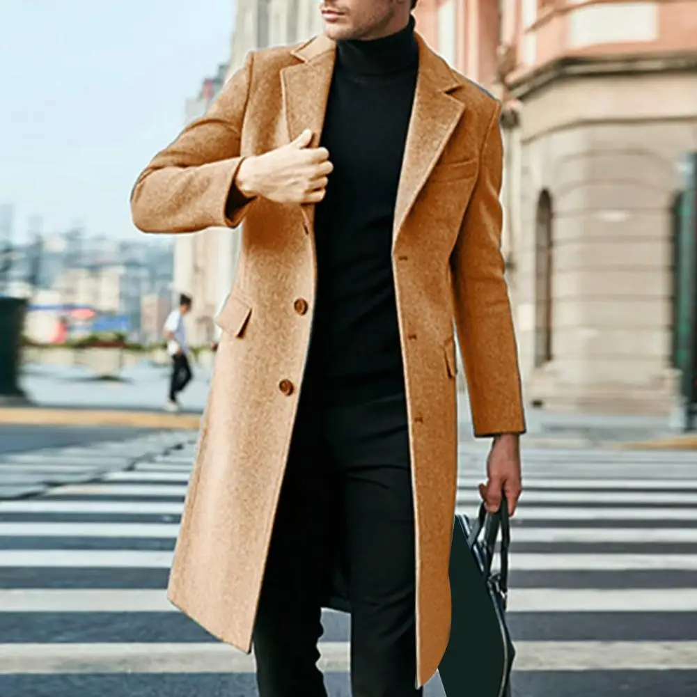 

Men Formal Coat British Style Long Coat for Men Thick Knee Length Windbreaker with Turn-down Collar Single-breasted Design Solid