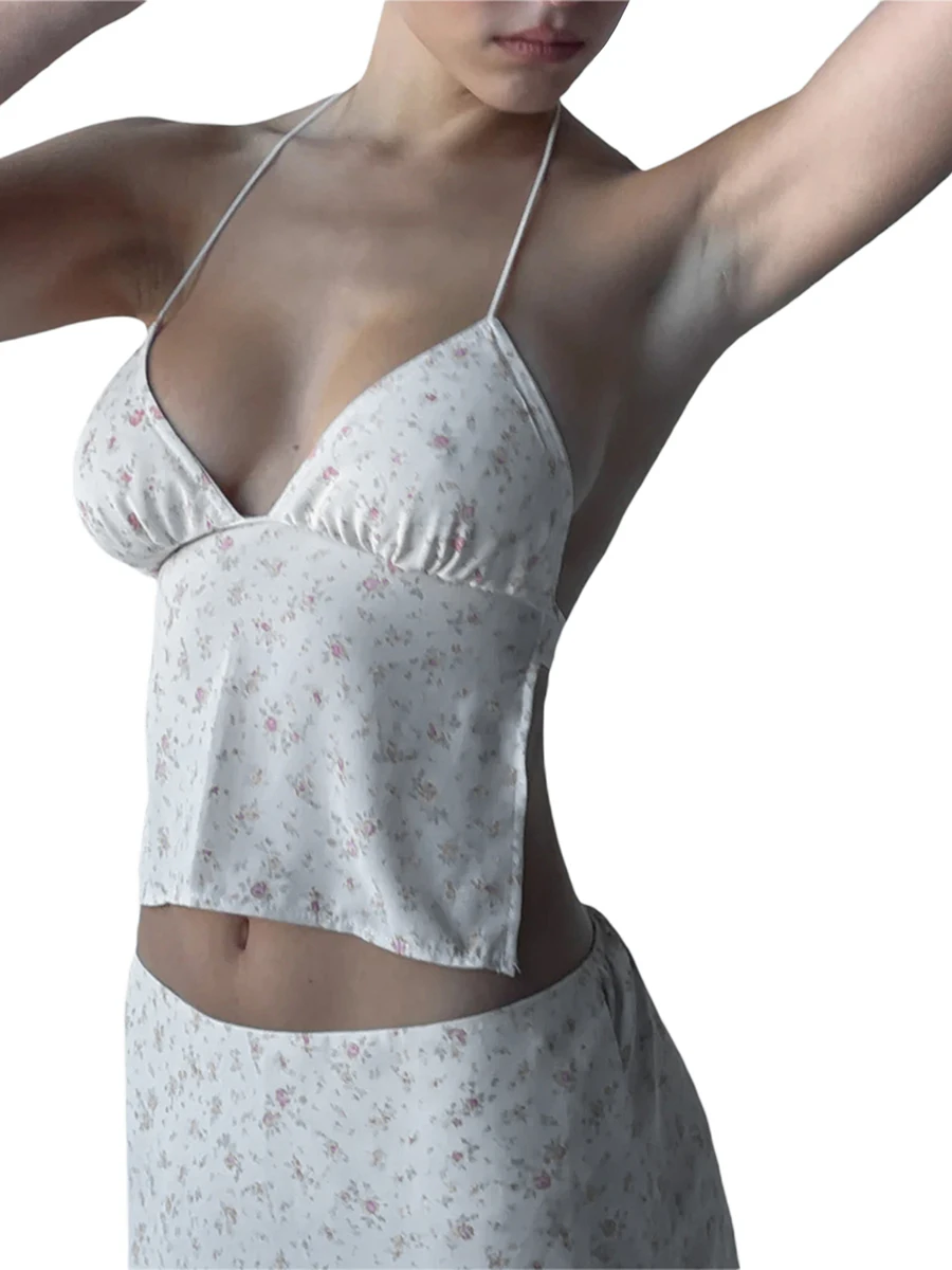 

Huyghdfb Women Floral Print Tank Tops Tie-Up Halter Neck V-Neck Sleeveless Backless Vests Summer Slim Fit Shirts