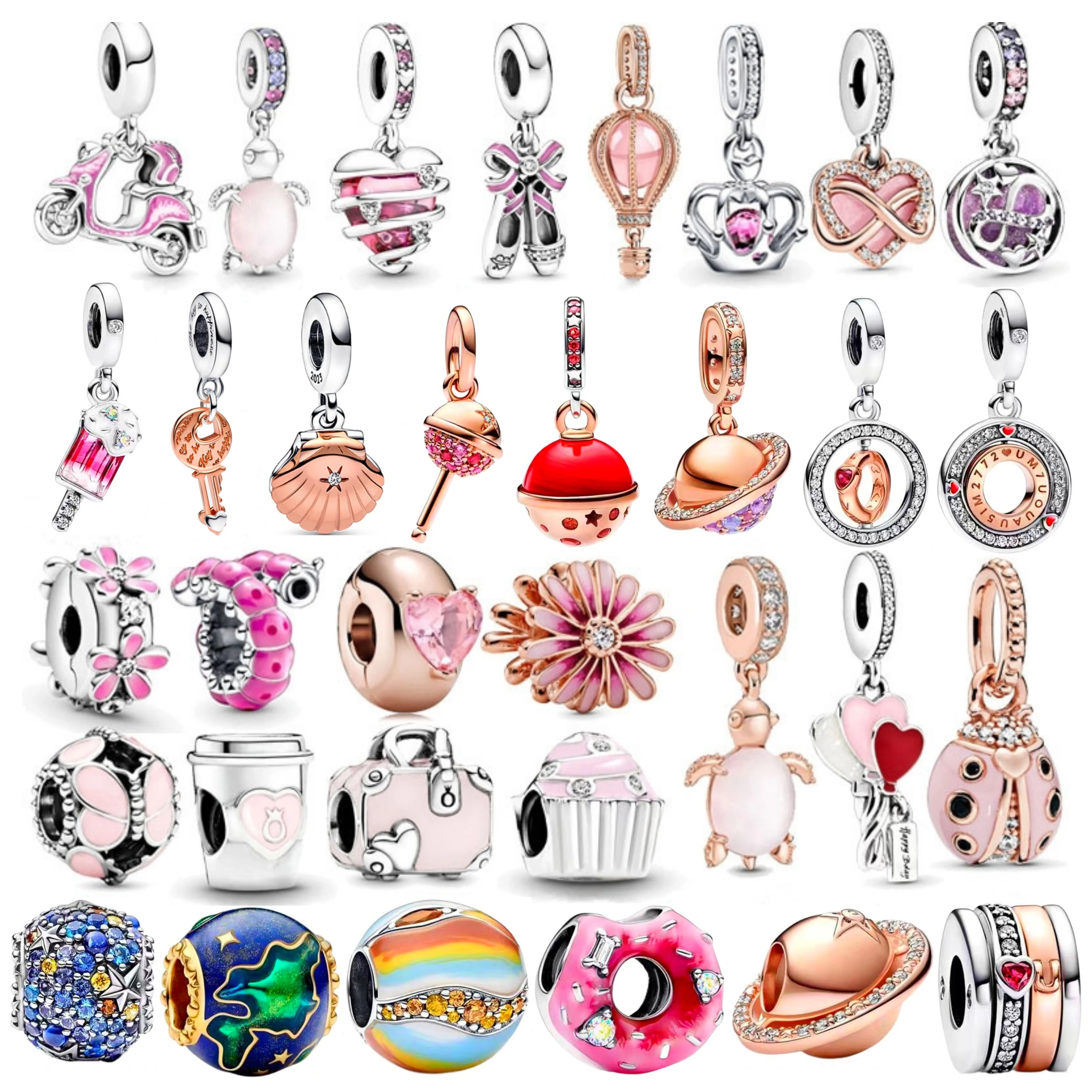 

New 925 Sterling Silver DIY Red Rose Collection Coffee Cup Motorcycle Charm Pendant Fit Original Bracelet Women Gift