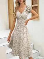 2025 Spring Summer Women Floral Dress French Style Ruffled Sleeves Wrap Waist Boho Beach Sundress Cottagecore - Image 2