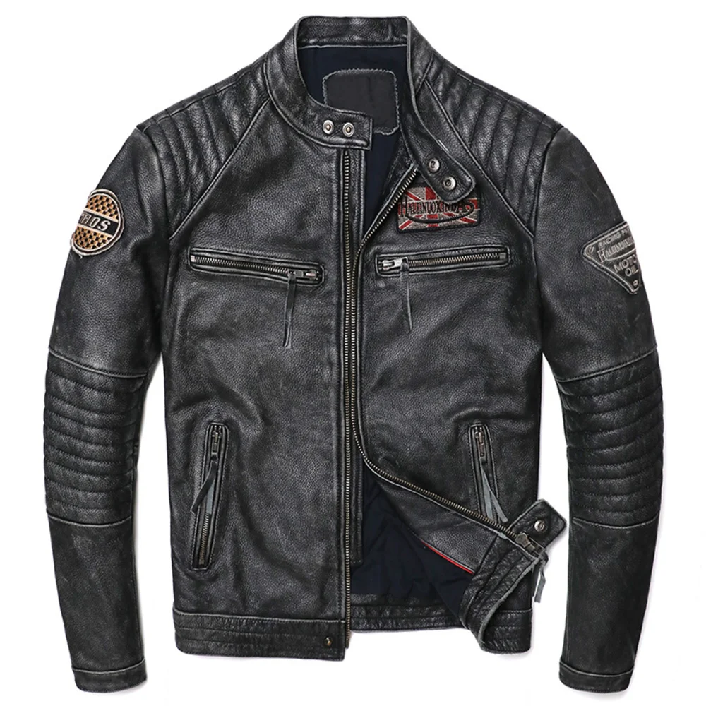 

Vintage New Grey Motorcycle Genuine Leather Jacket Men's Biker Natural Cowhide Jackets Man Slim Cool Clothing Coat