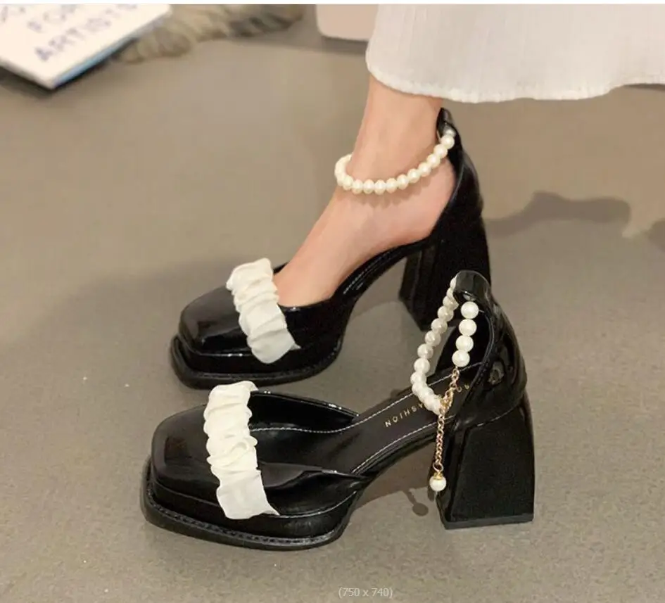 Autumn Spring Women Shoes  Fashion High Heels Banquet Wedding Shoes Sexy Pearl chunky heels square toe high heels Ladies Party