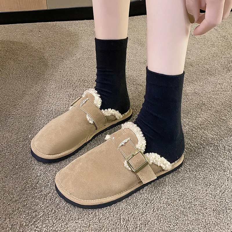 

Winter Warm Mules Slippers Women Plush Thick Comfortable Indoor Outdoor Solid Cotton Shoes Fashion Belt Buckle Casual Slipper 42