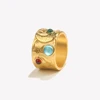 E.B.belle Smooth Wide Facted Relief Blue Green Color Gemstone Ring Gold Plated Stainless Steel Party Women Jewelry Gifts