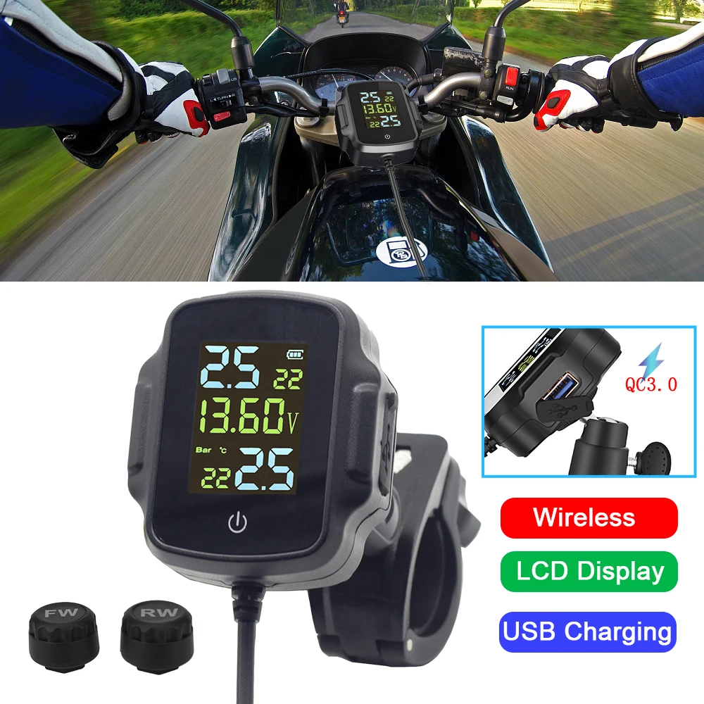 Motorcycle Tire Pressure Monitor Motorcycle TPMS Motorbike Tire Pressure Monitoring System Tyre Temperature Alarm System with QC 3.0 USB Charger for Phone Tablet