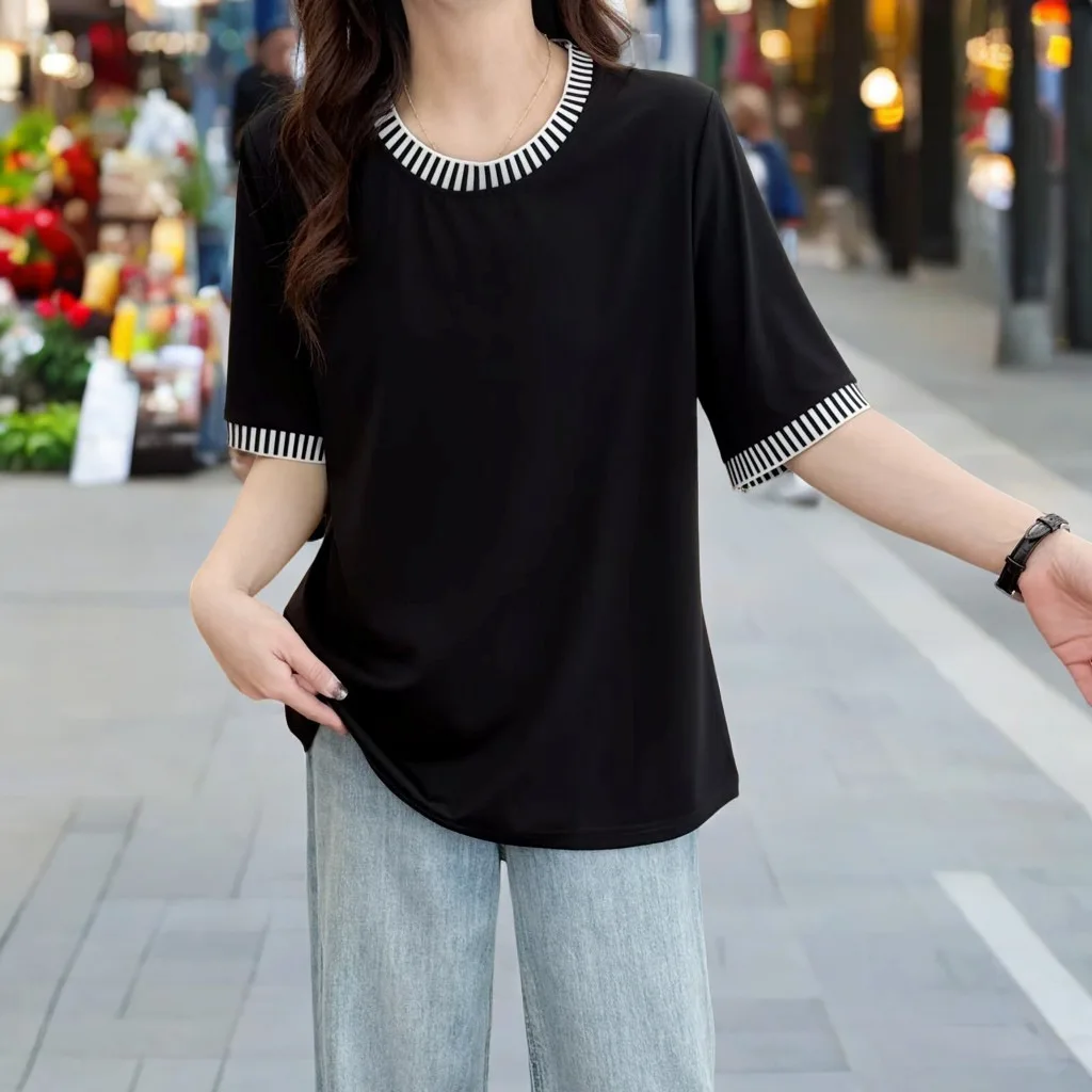 100kg Summer New Top Casual Striped Thread short-sleeved Tees Plus Size Women's T-shirt 2016