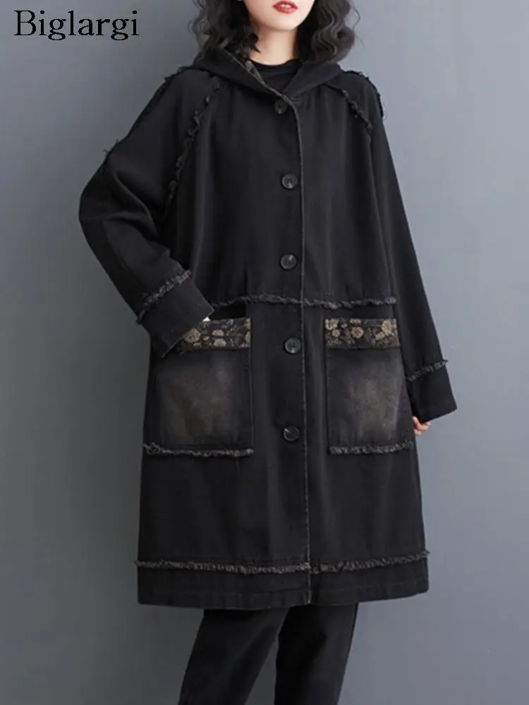 

Denim Spring Hooded Midi Coat Women Floral Print Patchwork Fashion Loose Ladies Jackets Casual Long Sleeve Woman Trench Coats