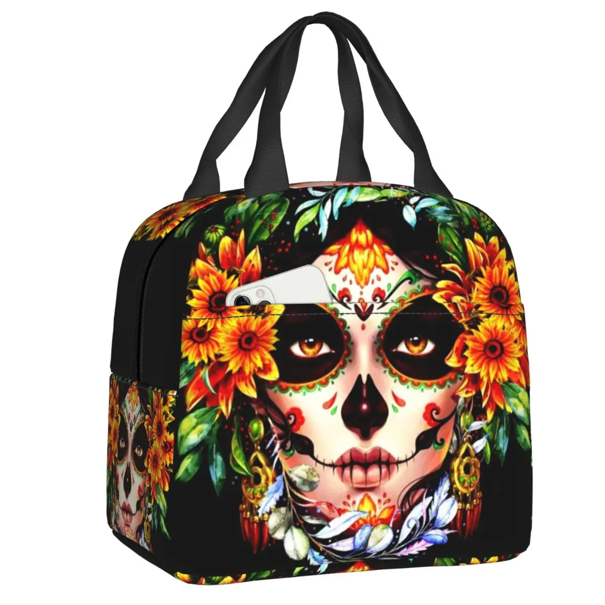 

Halloween Catrina Sugar Skull Insulated Lunch Bag for Camping Day Of The Dead Mexican Lady Cooler Thermal Lunch Box Women Kids